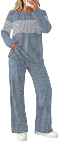 Spun in cool blue and soft grey tones, this relaxed two-piece set pairs a slouchy V-neck top with easy wide-leg knit pants.