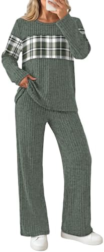 Green tones meet subtle plaid in this relaxed two-piece knit set designed for slow mornings and long travel days.