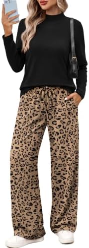 Rich brown leopard spots bring warm pattern to this relaxed two-piece knit set with a mock neck top and wide leg pants.