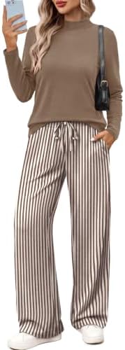 Crisp brown vertical stripes give this relaxed two-piece set an elongated look that moves easily from travel days to dinner.