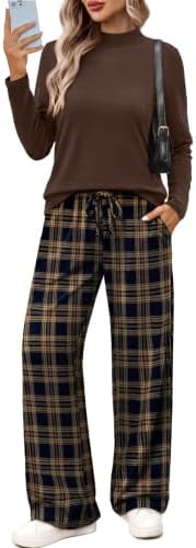 Woven in a rich brown check, this two-piece set pairs a relaxed mock neck top with airy wide-leg lounge pants.