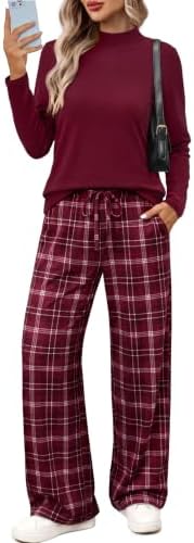 A rich burgundy check print gives this mock neck top and wide-leg pant set a grounded look for cool days and long flights.