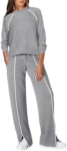 Soft lightgrey knit and neat piping lines give this two-piece lounge set a calm, clean look for travel days and early walks.