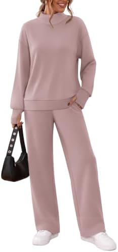Soft pink fleece pairs a mock neck thumb-hole top with wide-leg pants for easy fall travel and lounging.
