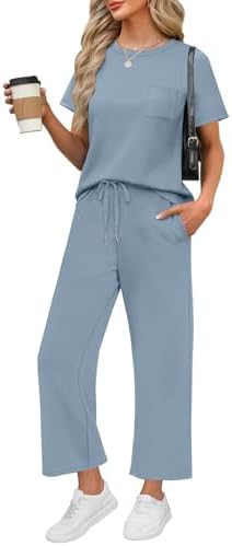 Light blue spacer knit pairs a crewneck short sleeve top with cropped wide leg pants for warm mornings and travel days.
