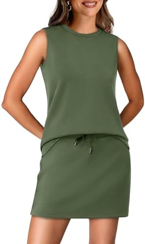 A vivid green two-piece set pairs a sleeveless crewneck top with a lined tennis skirt that packs small and resists travel creases.