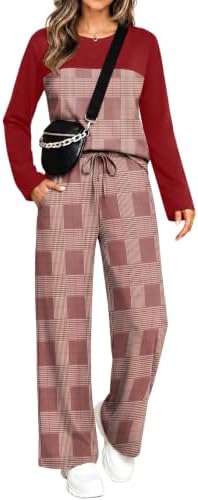 Red plaid patterns this soft knit lounge set, pairing a crew neck top with relaxed wide-leg pants.