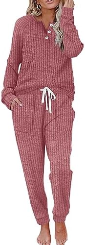 A bold red knit set paired with button details and cozy drawstring pants makes early mornings easy.