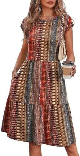 Warm earth tones define this tiered swing dress, cut with soft cap sleeves and deep side pockets in a brown red boho stripe.