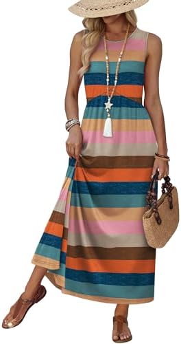 Horizontal bands of color bring an easy coastal mood to this sleeveless babydoll maxi dress cut with deep side pockets.
