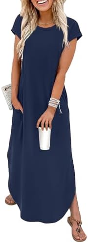 Cut in deep navy blue knit, this cap-sleeve maxi dress pairs a soft crew neckline with a sweeping curved hem for warm days.
