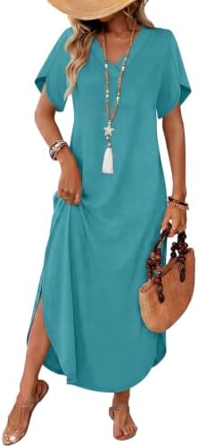 A soft knit maxi in rich blue with petal sleeves, deep side pockets, and ankle-length side slits for easy movement.