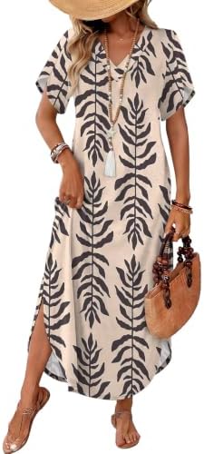 Soft blossoms scatter across warm sand tones in this ankle-length T-shirt maxi with petal sleeves and side slits.