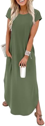 Cut in deep army green, this cap-sleeve maxi dress pairs soft knit stretch with roomy side pockets for warm afternoons.