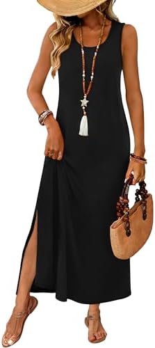A breezy sleeveless maxi cut with a classic crew neck, two deep side pockets, and a walking slit that catches the summer breeze.