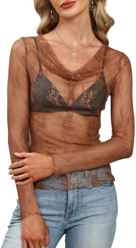 Sheer brown mesh and a fluid cowl neckline make this long sleeve top an easy evening pick over your favorite bralette.