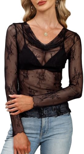 Sheer black mesh fabric meets a soft draped cowl neck on this lightweight, close-fitting evening layer.
