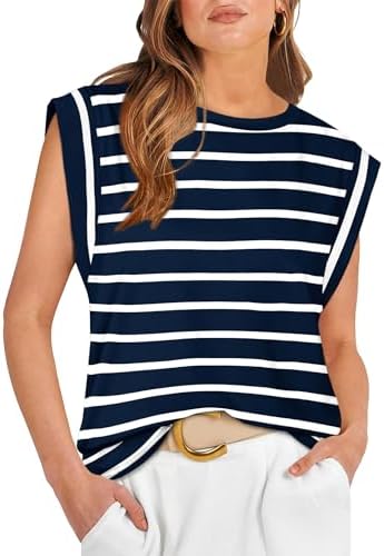 A crisp navy and white stripe pattern defines this soft crewneck tank with gentle cap-sleeve coverage for sunny days.