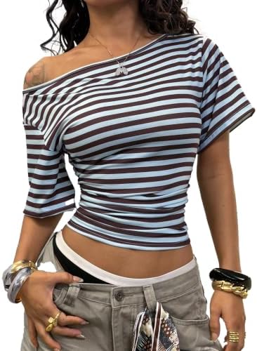 Warm earth tones meet crisp white stripes across an easy off-the-shoulder neckline made for warm evenings outdoors.