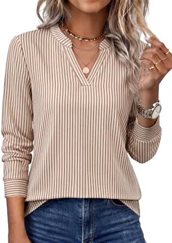 Fine light brown stripes run across this soft long-sleeve knit, finished with an open V-neckline that layers easily under jackets.