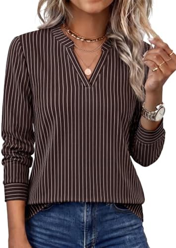 Fine dark brown stripes run across this long-sleeve top, finished with an open V-neck in a soft, stretchy knit.