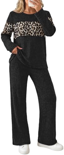 A relaxed solid black top pairs with bold leopard print wide-leg pants in our softest breathable knit for easy travel days.