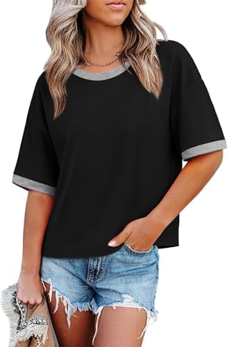 A solid black tee accented with crisp color-block borders at the round neck and hem, cut relaxed with a slightly cropped profile.