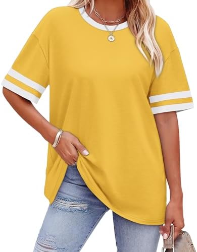 Bright yellow jersey brings sunny contrast to casual denim, cut loose with distinct striped cuffs on the half sleeves.