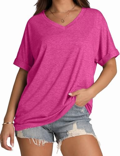 Saturated hot pink brings an energetic look to this roomy summer tee, cut with a clean v-neckline and stitched cuffed sleeves.