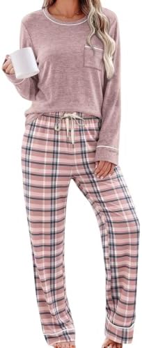 A soft pink plaid knit paired with contrast piping makes this two-piece set an easy pick for cool evenings at home.