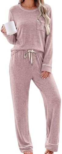 Contrast white piping defines the soft pink knit on this long sleeve top and wide leg pant lounge set.