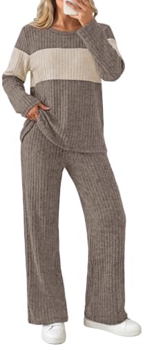Warm khaki tones pair with soft apricot accents in this relaxed two-piece sweater set cut for easy lounging.