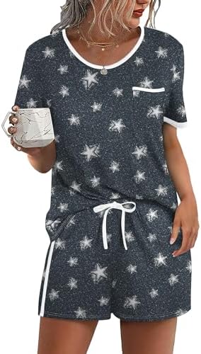 A relaxed star-print crewneck tee paired with drawstring shorts in a soft stretch knit designed for warm nights.