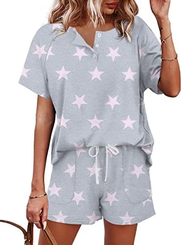 Tiny scattered stars across soft grey knit give this short-sleeve henley and drawstring shorts set a quiet night-sky mood.