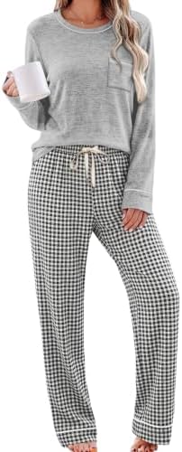 A muted gray plaid grounds this soft two-piece lounge set, finished with clean contrast piping along the neckline and pocket.