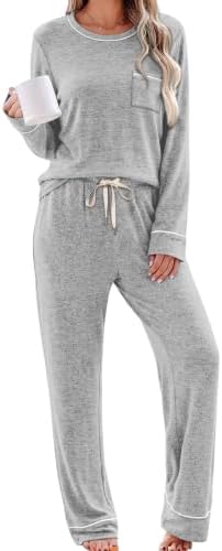 Contrast white piping outlines soft light gray knit in this relaxed two-piece pajama set with long sleeves and wide legs.