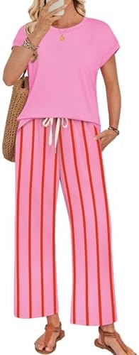 Soft pink stripes run across this airy two-piece set, pairing a cap-sleeve top with relaxed wide-leg pull-on pants.