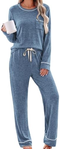 Clean contrast piping outlines this relaxed two-piece sleep set, cut with wide-leg pants and a long-sleeve crewneck top.