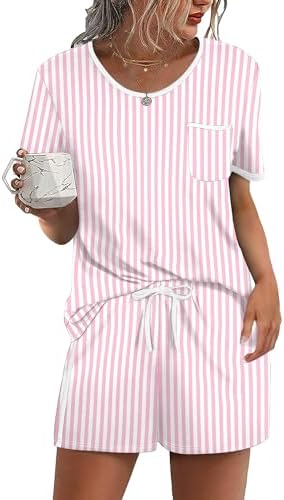 Clean pink and white stripes bring a bright summer mood to this lightweight crewneck top and drawstring shorts lounge set.