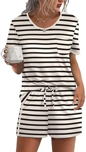 Crisp black and warm apricot stripes give this relaxed two-piece lounge set a tidy look for slow mornings and quick errands.