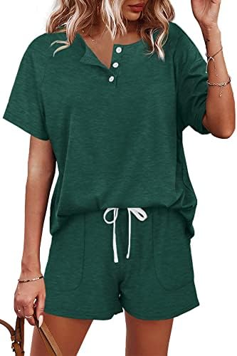 Deep dark green pairs with a henley button neckline and matching drawstring shorts in this breathable two-piece knit set.