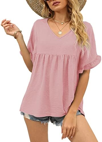 Cut in soft baby pink, this breezy peplum top pairs gentle flutter sleeves with a relaxed babydoll waist for warm days.