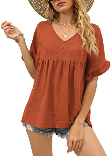 Deep warm brown pairs with light denim or linen trousers in this breezy babydoll top with fluttery ruffle sleeves.