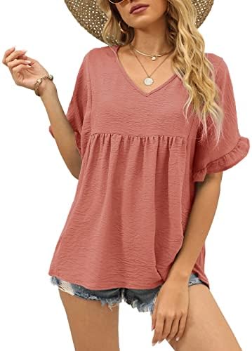 Light ruffle sleeves and a gentle peplum hem give this soft pink babydoll top an easy, airy drape on warm days.