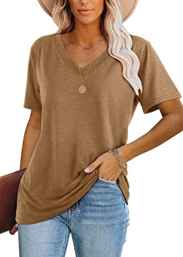 A relaxed v-neck tee in warm tan, cut with extra room through the torso and made from smooth, stretchy knit fabric.