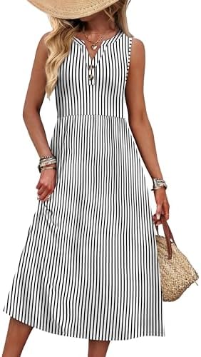 Crisp black stripes ground the bright floral print on this relaxed sleeveless midi dress with a neat button front.