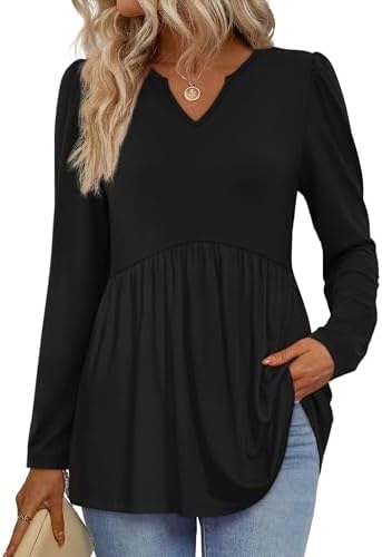 Gathered babydoll volume in deep solid black pairs with neat puff sleeves and an open v-neck for easy everyday wear.