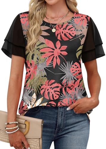 Double-layer chiffon ruffle sleeves and a vivid tropical floral print give this breezy summer tee a dressed-up feel.