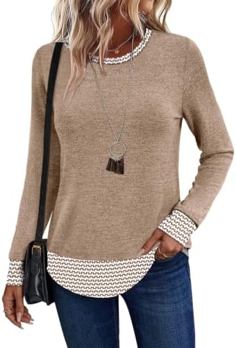 Warm brown knit meets a sharp geometric hem band in a relaxed crewneck top tailored for cooler summer evenings and travel days.