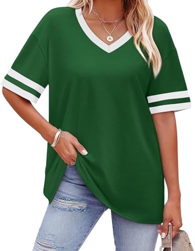 Striped cuff bands contrast sharply against rich deep grass-green on this roomy, half-sleeve knit tee cut for easy summer wear.